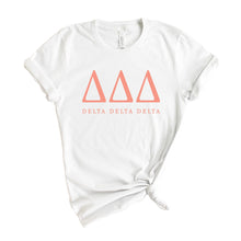 Load image into Gallery viewer, Delta Delta Delta T-Shirt | Tri Delta Colored Block Letters Shirt | Delta Delta Delta Sorority Gift Idea - Kite and Crest
