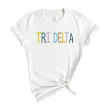 Load image into Gallery viewer, Delta Delta Delta T-shirt - Tri Delta Colorful Lined Tee - Kite and Crest
