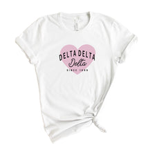 Load image into Gallery viewer, Delta Delta Delta T-Shirt | Tri Delta Pink Heart Shirt | Delta Delta Delta Sorority Gift Idea - Kite and Crest
