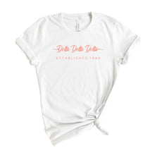 Load image into Gallery viewer, Delta Delta Delta T-Shirt | Tri Delta White Script Letter Shirt | Delta Delta Delta Sorority Gift Idea - Kite and Crest
