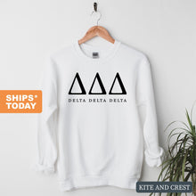 Load image into Gallery viewer, Delta Delta Delta Tri Delta Block Letter Sorority Crewneck Sweatshirt - Kite and Crest
