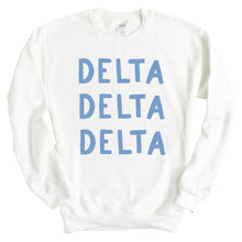 Load image into Gallery viewer, Delta Delta Delta Tri Delta Blue Bubble Letter Sorority Crewneck Sweatshirt - Kite and Crest
