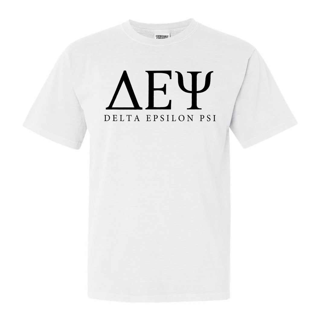 Delta Epsilon Psi Block Letter Comfort Colors T-Shirt - Fraternity Tee - Kite and Crest
