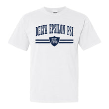 Load image into Gallery viewer, Delta Epsilon Psi Striped Shield Comfort Colors T-Shirt - Fraternity Tee - Kite and Crest
