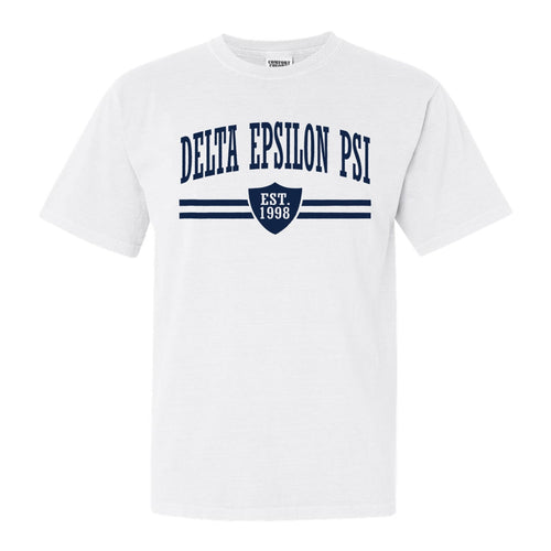 Delta Epsilon Psi Striped Shield Comfort Colors T-Shirt - Fraternity Tee - Kite and Crest