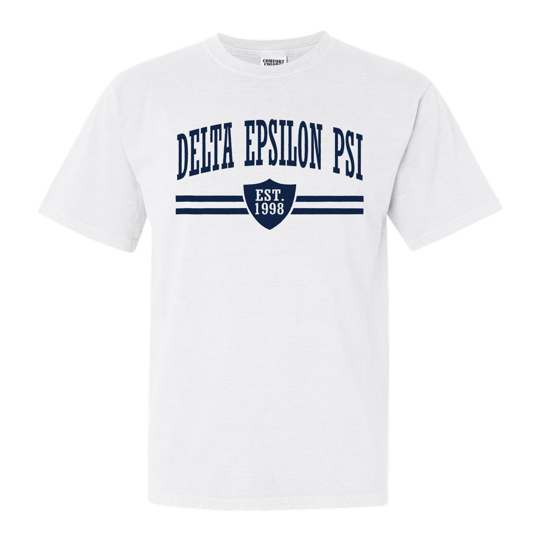 Delta Epsilon Psi Striped Shield Comfort Colors T-Shirt - Fraternity Tee - Kite and Crest