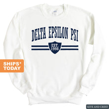 Load image into Gallery viewer, Delta Epsilon Psi Striped Shield Sweatshirt - Fraternity Crewneck Sweatshirt - Kite and Crest
