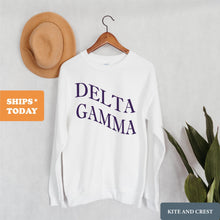 Load image into Gallery viewer, Delta Gamma Sweatshirt | DG Large and Wavy Letters Crewneck Sweatshirt | Delta Gamma Sorority Gift Idea - Kite and Crest
