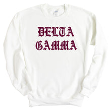 Load image into Gallery viewer, Delta Gamma Sweatshirt | DG Old Type Written Crewneck Sweatshirt | Delta Gamma Sorority Gift Idea - Kite and Crest
