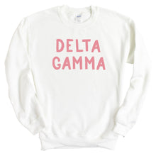 Load image into Gallery viewer, Delta Gamma Sweatshirt | DG Pink Bubble Letters Crewneck Sweatshirt | Delta Gamma Sorority Gift Idea - Kite and Crest
