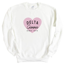 Load image into Gallery viewer, Delta Gamma Sweatshirt | DG Pink Heart Crewneck Sweatshirt | Delta Gamma Sorority Gift Idea - Kite and Crest
