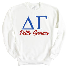 Load image into Gallery viewer, Delta Gamma Sweatshirt | DG Red and Blue Crewneck Sweatshirt | Delta Gamma Sorority Gift Idea - Kite and Crest
