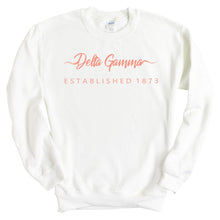 Load image into Gallery viewer, Delta Gamma Sweatshirt | DG White Script Letter Crewneck Sweatshirt | Delta Gamma Sorority Gift Idea - Kite and Crest
