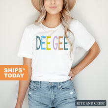 Load image into Gallery viewer, Delta Gamma T-shirt - Dee Gee (DG) Colorful Lined Tee - Kite and Crest
