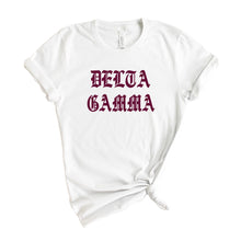 Load image into Gallery viewer, Delta Gamma T-Shirt | DG Old Type Written Shirt | Delta Gamma Sorority Gift Idea - Kite and Crest

