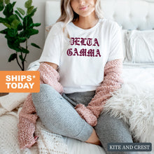 Load image into Gallery viewer, Delta Gamma T-Shirt | DG Old Type Written Shirt | Delta Gamma Sorority Gift Idea - Kite and Crest

