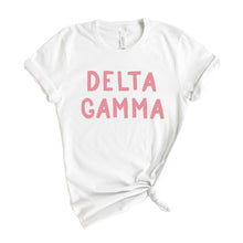 Load image into Gallery viewer, Delta Gamma T-Shirt | DG Pink Bubble Letters Shirt | Delta Gamma Sorority Gift Idea - Kite and Crest
