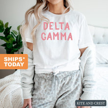 Load image into Gallery viewer, Delta Gamma T-Shirt | DG Pink Bubble Letters Shirt | Delta Gamma Sorority Gift Idea - Kite and Crest
