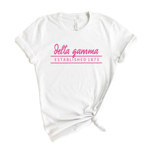 Load image into Gallery viewer, Delta Gamma T-Shirt | DG Pink Established Shirt | Delta Gamma Sorority Gift Idea - Kite and Crest
