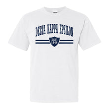 Load image into Gallery viewer, Delta Kappa Epsilon Striped Shield Comfort Colors T-Shirt - Fraternity Tee - Kite and Crest
