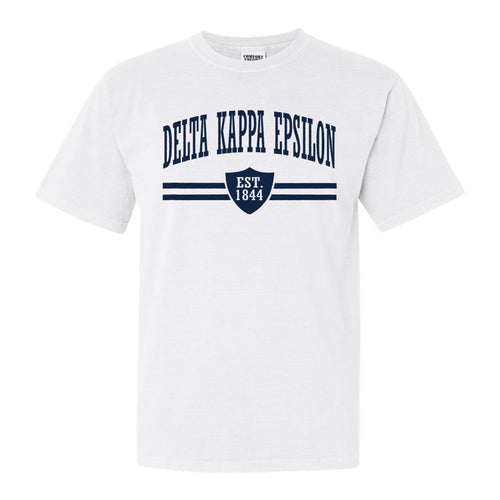 Delta Kappa Epsilon Striped Shield Comfort Colors T-Shirt - Fraternity Tee - Kite and Crest