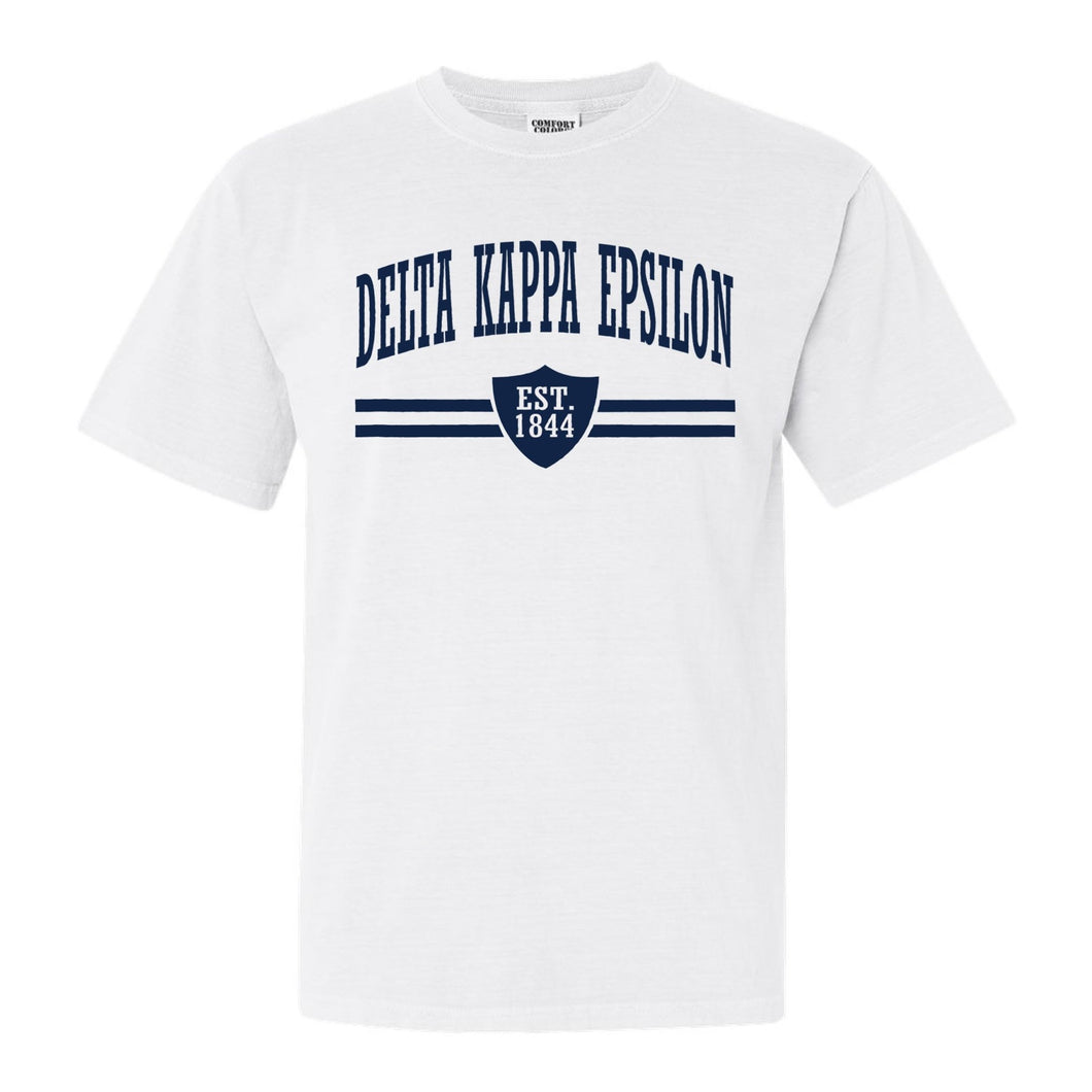 Delta Kappa Epsilon Striped Shield Comfort Colors T-Shirt - Fraternity Tee - Kite and Crest