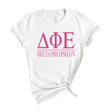 Load image into Gallery viewer, Delta Phi Epsilon Big Letters Sorority T-Shirt - Kite and Crest
