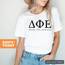 Load image into Gallery viewer, Delta Phi Epsilon Block Letter Sorority T-Shirt - Kite and Crest
