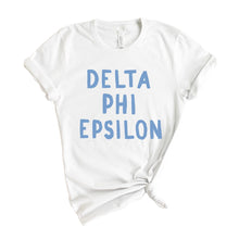 Load image into Gallery viewer, Delta Phi Epsilon Blue Bubble Letter Sorority T-Shirt - Kite and Crest
