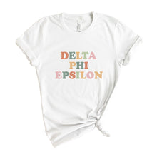 Load image into Gallery viewer, Delta Phi Epsilon Bright and Colorful Sorority T-Shirt - Kite and Crest
