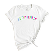 Load image into Gallery viewer, Delta Phi Epsilon Rainbow Letter Sorority T-Shirt - Kite and Crest
