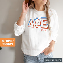 Load image into Gallery viewer, Delta Phi Epsilon Sweatshirt - DPHIE American Colored Crewneck Sweatshirt - Kite and Crest
