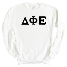 Load image into Gallery viewer, Delta Phi Epsilon Sweatshirt | DPHIE Basic Black Letters Crewneck Sweatshirt | Delta Phi Epsilon Sorority Gift Idea - Kite and Crest
