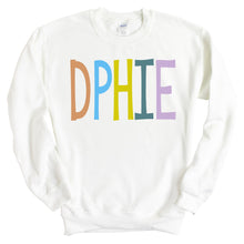 Load image into Gallery viewer, Delta Phi Epsilon Sweatshirt - DPHIE Colorful Lined Crewneck Sweatshirt - Kite and Crest
