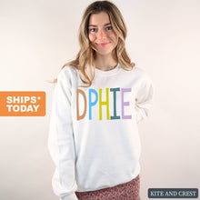 Load image into Gallery viewer, Delta Phi Epsilon Sweatshirt - DPHIE Colorful Lined Crewneck Sweatshirt - Kite and Crest
