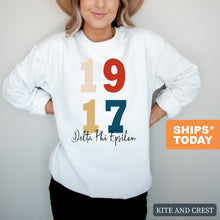 Load image into Gallery viewer, Delta Phi Epsilon Sweatshirt | DPHIE Colorful Year Crewneck Sweatshirt | Delta Phi Epsilon Sorority Gift Idea - Kite and Crest
