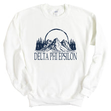 Load image into Gallery viewer, Delta Phi Epsilon Sweatshirt | DPHIE Epic Mountains Crewneck Sweatshirt | Delta Phi Epsilon Sorority Gift Idea - Kite and Crest
