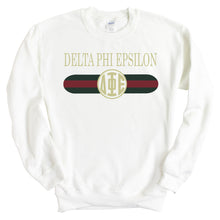 Load image into Gallery viewer, Delta Phi Epsilon Sweatshirt - DPHIE Golden Stripes Crewneck Sweatshirt - Kite and Crest
