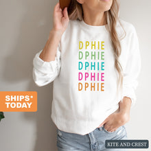 Load image into Gallery viewer, Delta Phi Epsilon Sweatshirt - DPHIE Modern Stacked Crewneck Sweatshirt - Kite and Crest
