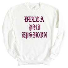 Load image into Gallery viewer, Delta Phi Epsilon Sweatshirt | DPHIE Old Type Written Crewneck Sweatshirt | Delta Phi Epsilon Sorority Gift Idea - Kite and Crest
