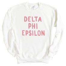 Load image into Gallery viewer, Delta Phi Epsilon Sweatshirt | DPHIE Pink Bubble Letters Crewneck Sweatshirt | Delta Phi Epsilon Sorority Gift Idea - Kite and Crest
