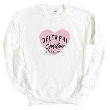 Load image into Gallery viewer, Delta Phi Epsilon Sweatshirt | DPHIE Pink Heart Crewneck Sweatshirt | Delta Phi Epsilon Sorority Gift Idea - Kite and Crest
