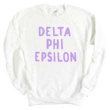 Load image into Gallery viewer, Delta Phi Epsilon Sweatshirt - DPHIE Purple Bubble Letters Crewneck Sweatshirt - Kite and Crest
