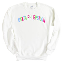 Load image into Gallery viewer, Delta Phi Epsilon Sweatshirt | DPHIE Rainbow Letter Crewneck Sweatshirt | Delta Phi Epsilon Sorority Gift Idea - Kite and Crest
