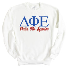 Load image into Gallery viewer, Delta Phi Epsilon Sweatshirt | DPHIE Red and Blue Crewneck Sweatshirt | Delta Phi Epsilon Sorority Gift Idea - Kite and Crest
