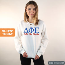 Load image into Gallery viewer, Delta Phi Epsilon Sweatshirt | DPHIE Red and Blue Crewneck Sweatshirt | Delta Phi Epsilon Sorority Gift Idea - Kite and Crest
