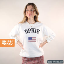 Load image into Gallery viewer, Delta Phi Epsilon Sweatshirt - DPHIE USA Crewneck Sweatshirt - Kite and Crest
