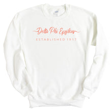 Load image into Gallery viewer, Delta Phi Epsilon Sweatshirt | DPHIE White Script Letter Crewneck Sweatshirt | Delta Phi Epsilon Sorority Gift Idea - Kite and Crest
