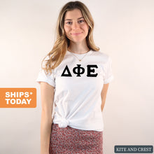 Load image into Gallery viewer, Delta Phi Epsilon T-Shirt | DPHIE Basic Black Letters Shirt | Delta Phi Epsilon Sorority Gift Idea - Kite and Crest
