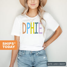Load image into Gallery viewer, Delta Phi Epsilon T-shirt - DPHIE Colorful Lined Tee - Kite and Crest
